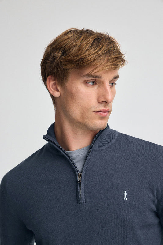 Denim-blue half-zip wool-blend jumper with Rigby Go embroidery