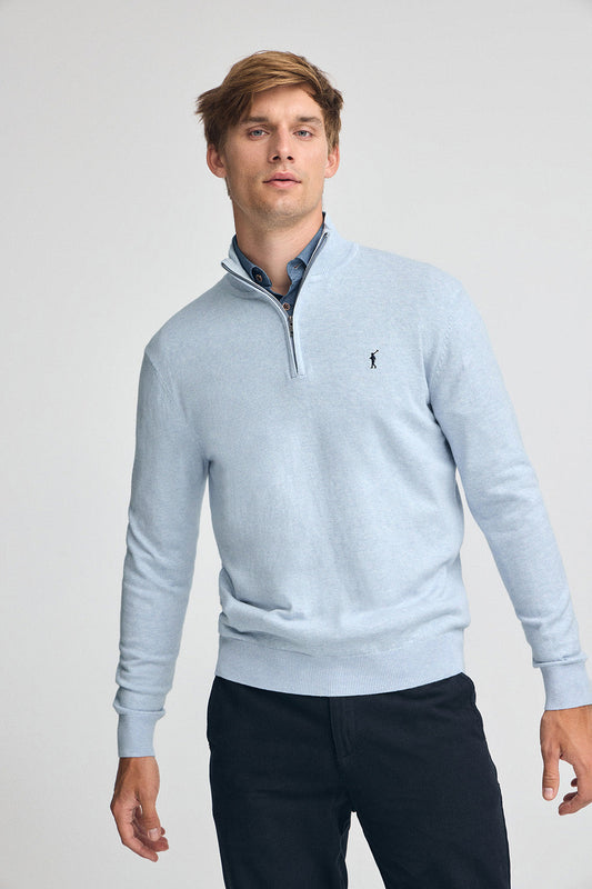 Light-blue-marl half-zip wool-blend jumper with Rigby Go embroidery