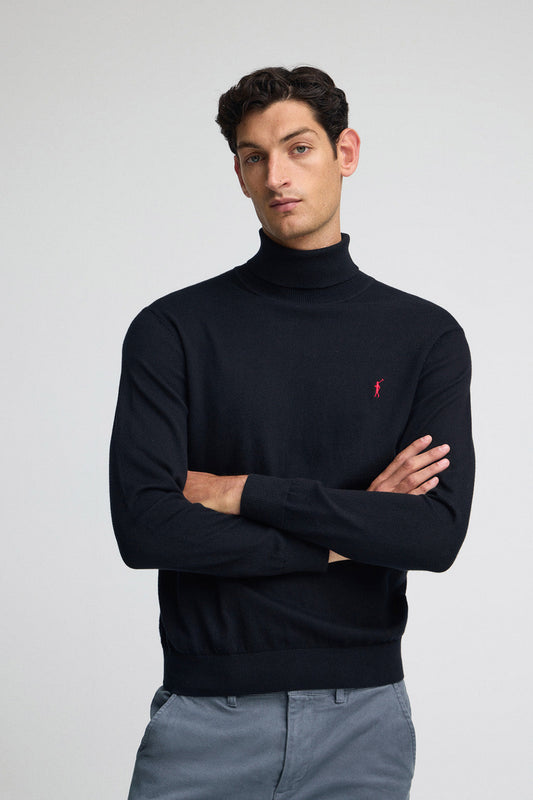 Navy-blue turtleneck wool-blend jumper with Rigby Go embroidery