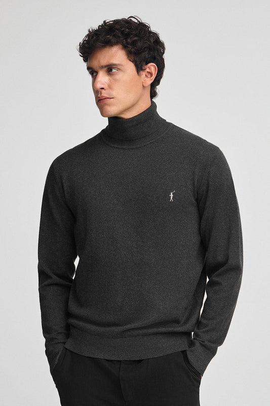 Dark-grey-marl turtleneck wool-blend jumper with Rigby Go embroidery