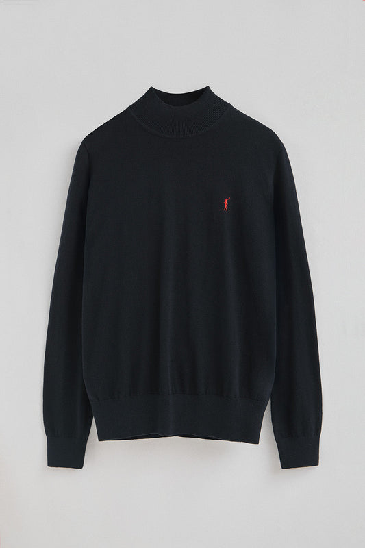 Navy-blue mock-neck wool-blend jumper with Rigby Go embroidery