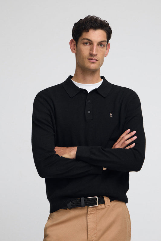 Black polo-collar wool-blend jumper with Rigby Go embroidery