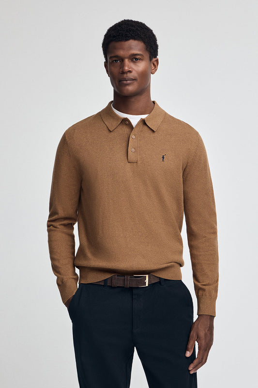 Camel-marl polo-collar wool-blend jumper with Rigby Go embroidery