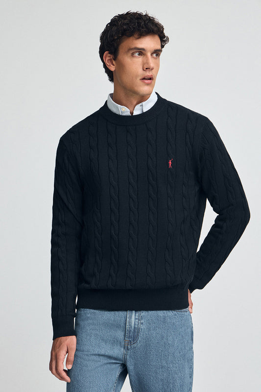 Navy-blue cable-knit wool-blend jumper with Rigby Go embroidery