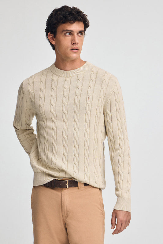 Beige cable-knit wool-blend jumper with Rigby Go embroidery
