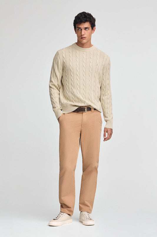 Beige cable-knit wool-blend jumper with Rigby Go embroidery