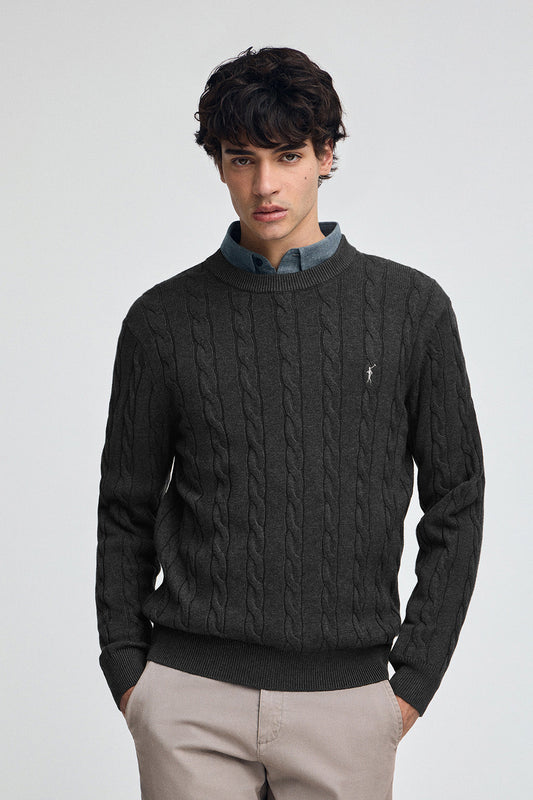 Dark-grey-marl cable-knit wool-blend jumper with Rigby Go embroidery