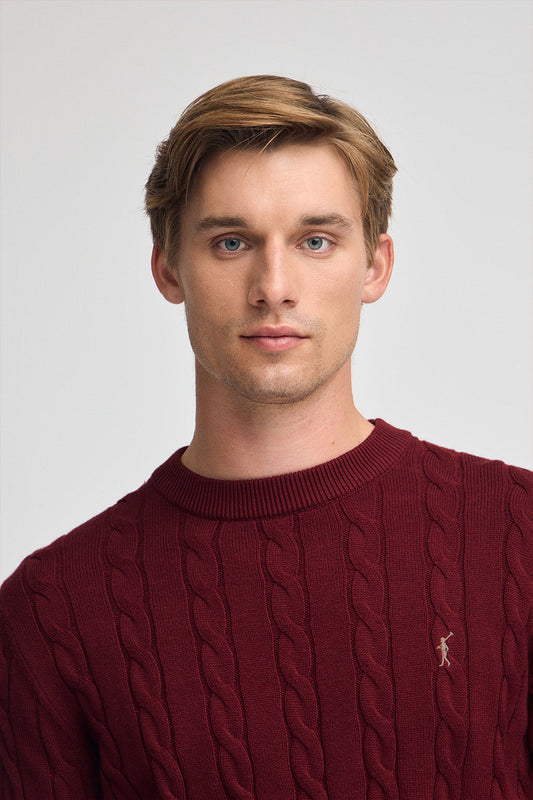 Maroon cable-knit wool-blend jumper with Rigby Go embroidery