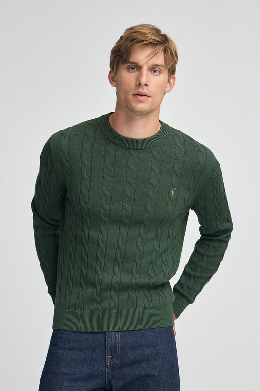 Mud-green cable-knit wool-blend jumper with Rigby Go embroidery