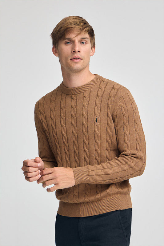 Camel-marl cable-knit wool-blend jumper with Rigby Go embroidery