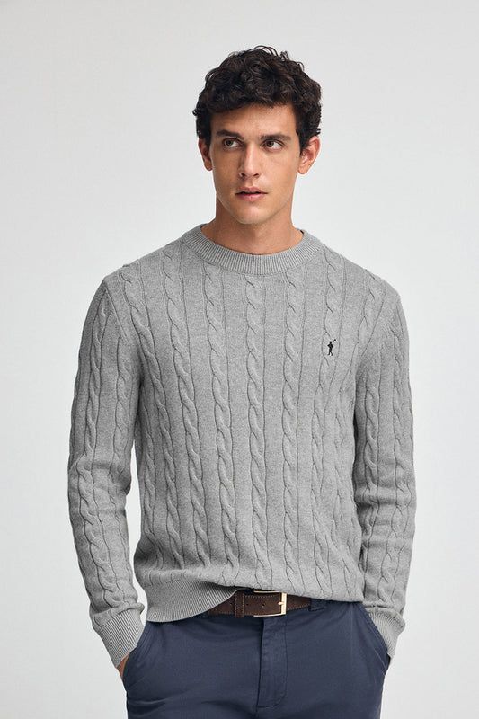 Grey-marl cable-knit wool-blend jumper with Rigby Go embroidery