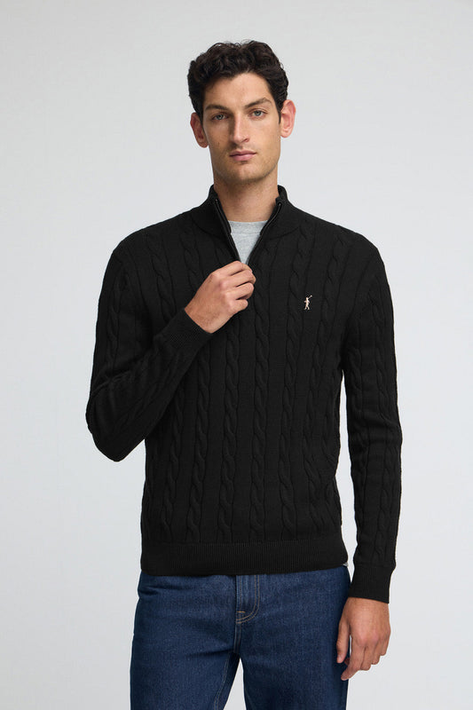 Black cable-knit wool-blend jumper with half zip and Rigby Go embroidery