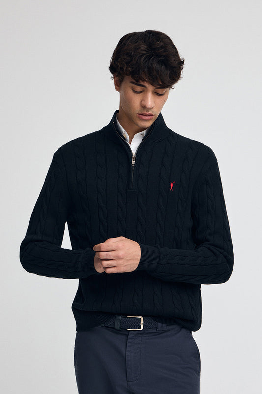 Navy-blue cable-knit wool-blend jumper with half zip and Rigby Go embroidery