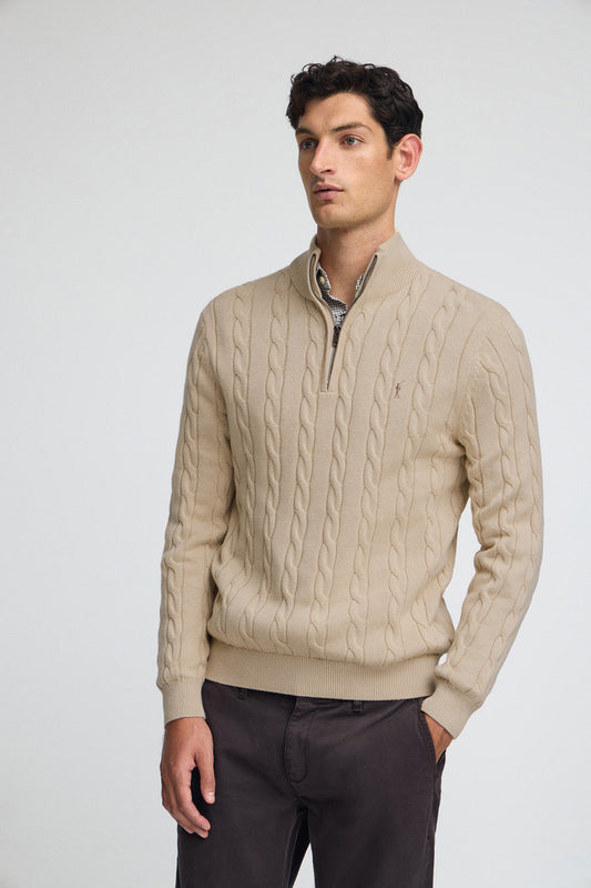 Beige cable-knit wool-blend jumper with half zip and Rigby Go embroidery
