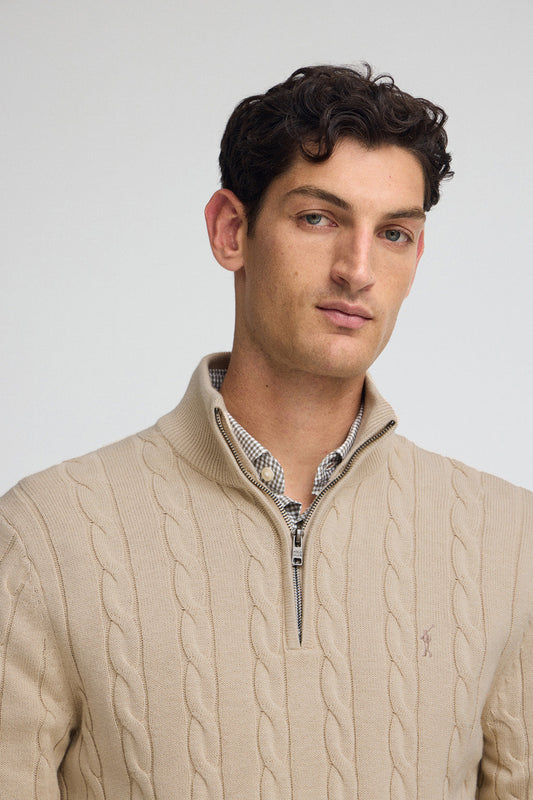 Beige cable-knit wool-blend jumper with half zip and Rigby Go embroidery
