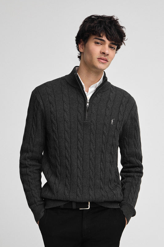 Dark-grey-marl cable-knit wool-blend jumper with half zip and Rigby Go embroidery