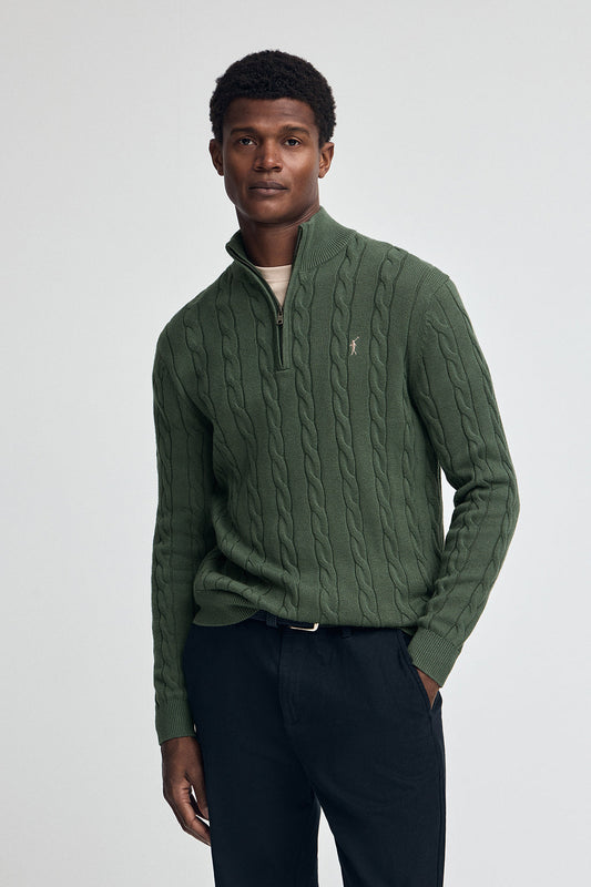Mud-green cable-knit wool-blend jumper with half zip and Rigby Go embroidery