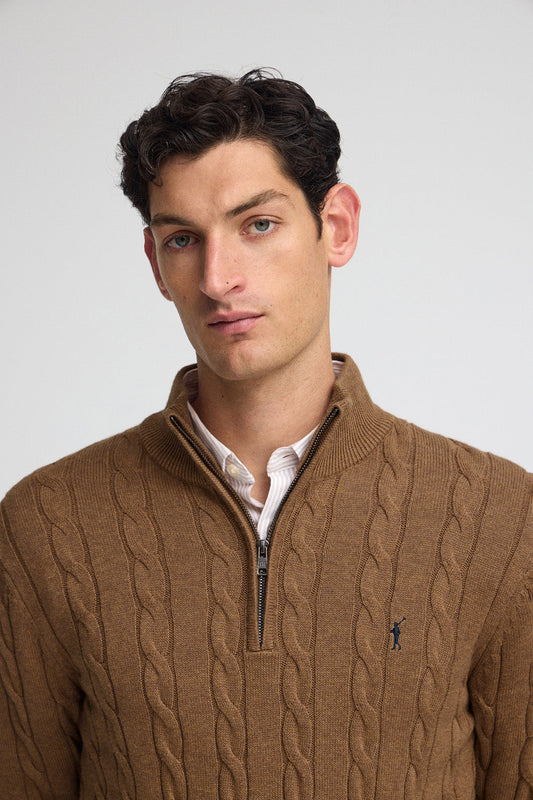 Camel-marl cable-knit wool-blend jumper with half zip and Rigby Go embroidery