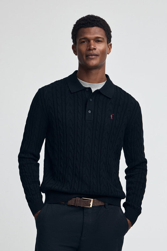 Navy-blue cable-knit wool-blend jumper with polo collar and Rigby Go embroidery