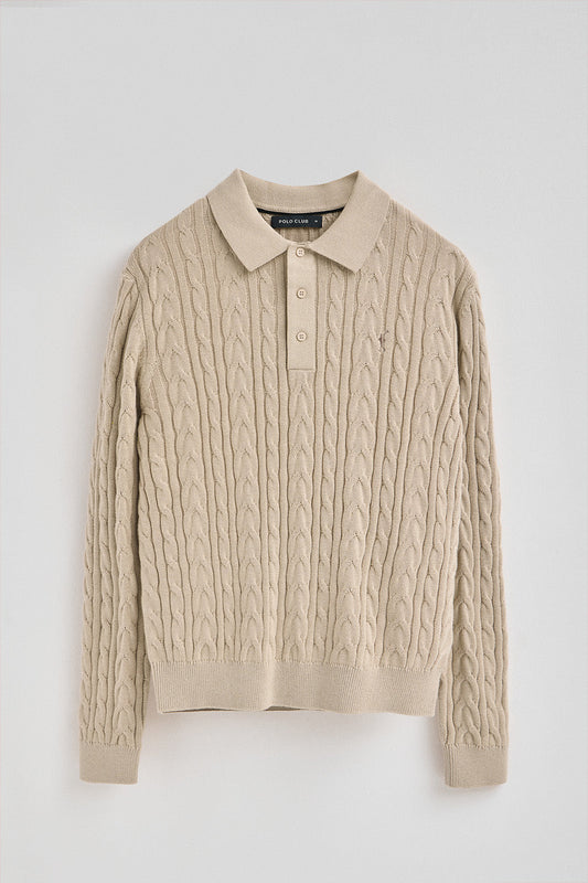 Beige cable-knit wool-blend jumper with polo collar and Rigby Go embroidery