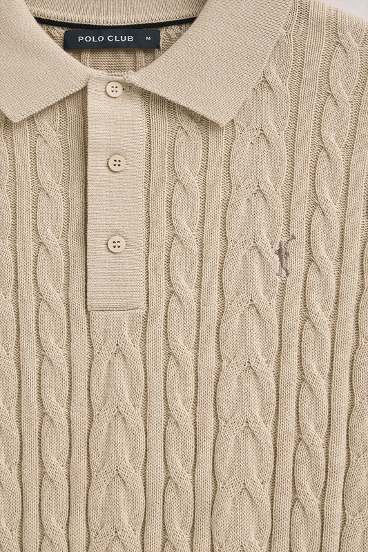 Beige cable-knit wool-blend jumper with polo collar and Rigby Go embroidery