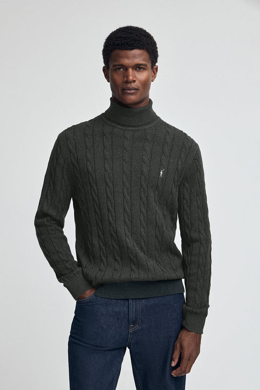 Dark-grey-marl cable-knit wool-blend jumper with turtleneck and Rigby Go embroidery