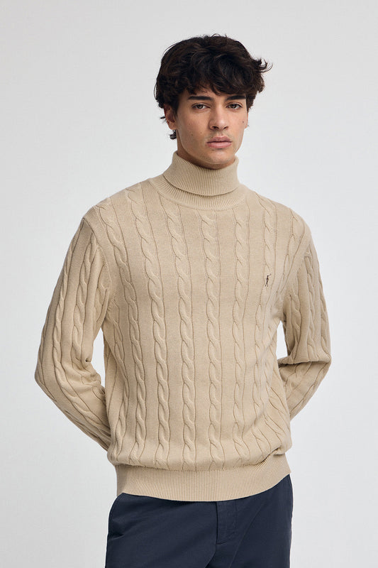 Beige cable-knit wool-blend jumper with turtleneck and Rigby Go embroidery