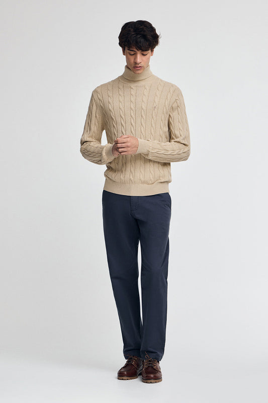 Beige cable-knit wool-blend jumper with turtleneck and Rigby Go embroidery