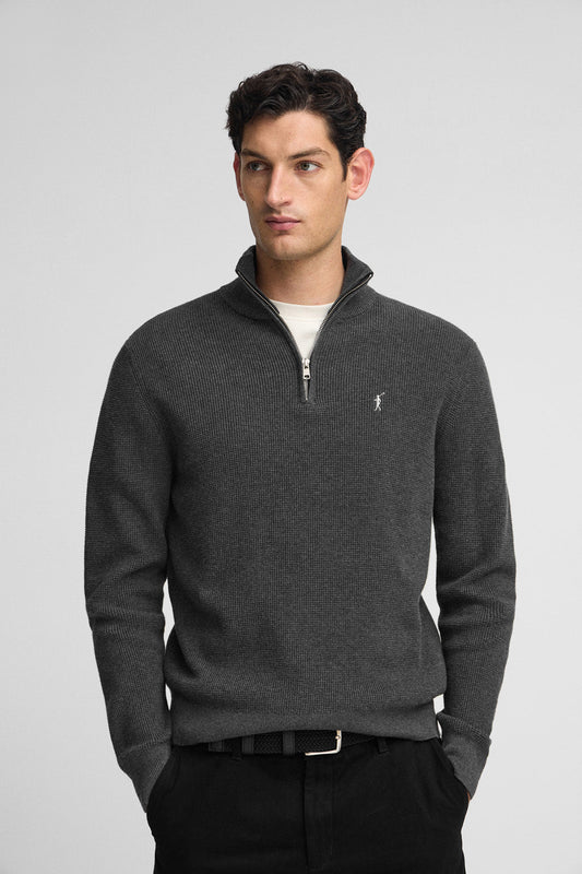 Dark-grey-marl waffle-knit jumper with half zip and Rigby Go embroidery