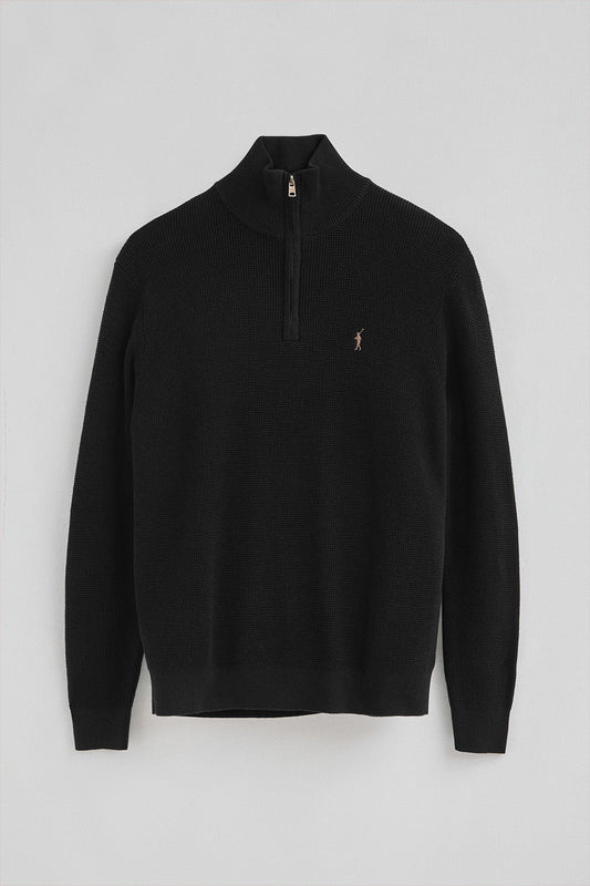 Black waffle-knit jumper with half zip and Rigby Go embroidery