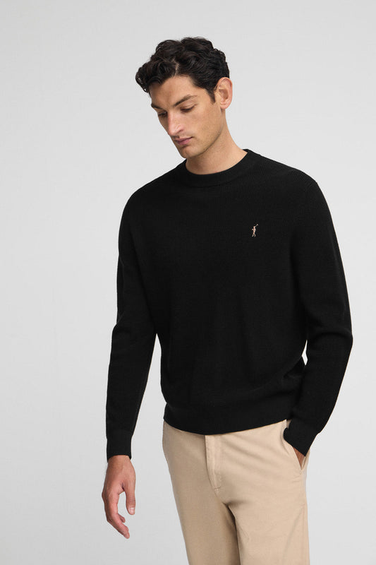 Black waffle-knit jumper with round neck and Rigby Go embroidery