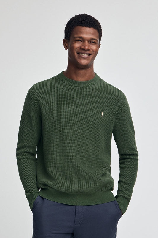 Mud-green waffle-knit jumper with round neck and Rigby Go embroidery