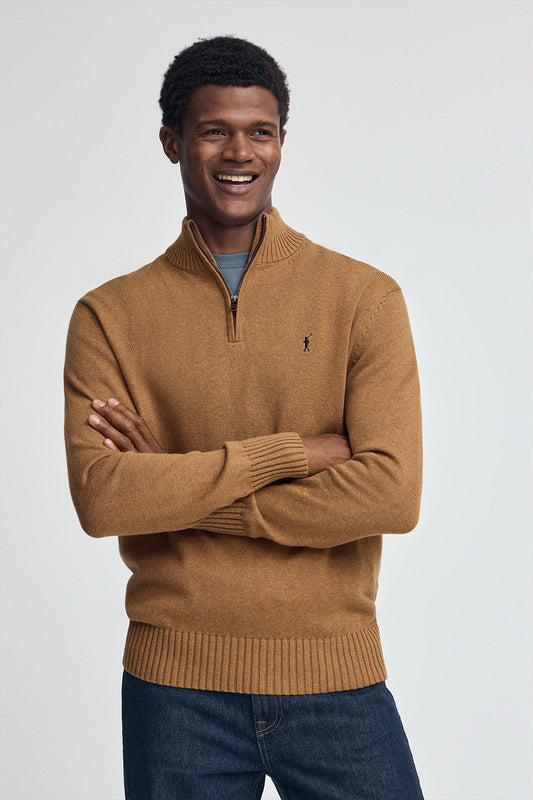 Camel-marl half-zip wool-blend jumper with Rigby Go embroidery