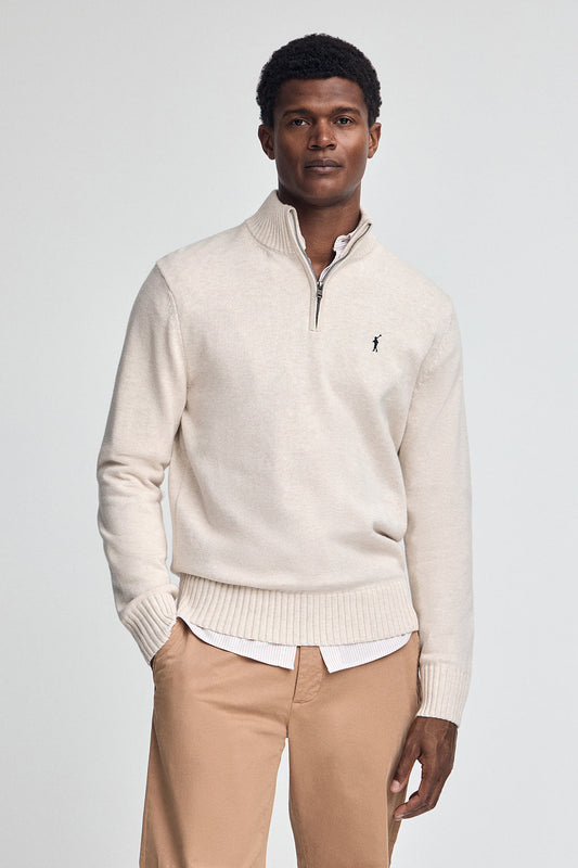 Nude-marl half-zip wool-blend jumper with Rigby Go embroidery