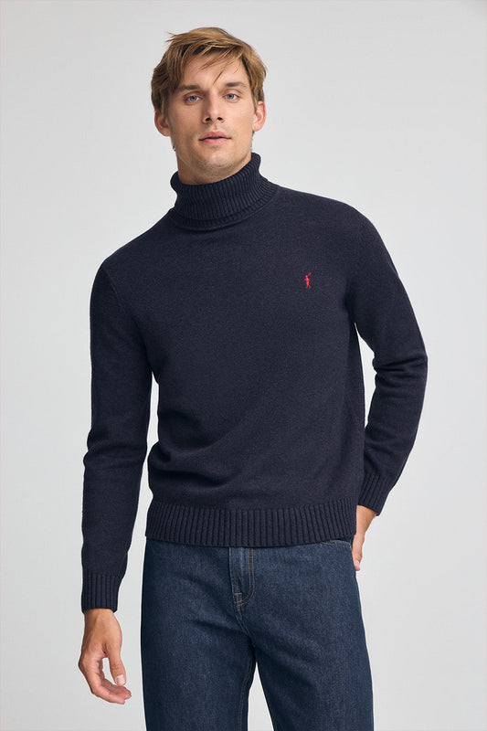 Navy-blue-marl turtleneck wool-blend jumper with Rigby Go embroidery