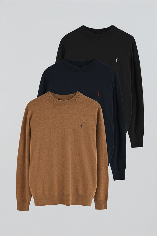 Men’s 3-pack jumpers in black, navy and brown marl with Rigby Go embroidery