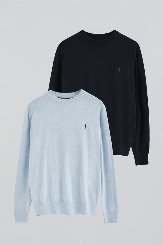 Men’s 2-pack jumpers in navy and light blue marl with Rigby Go embroidery