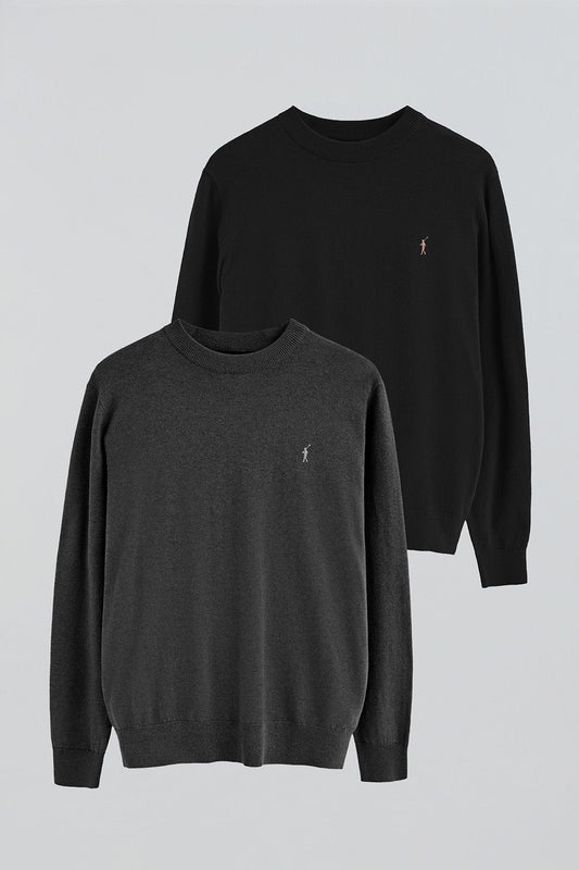 Men’s 2-pack jumpers in black and dark grey marl with Rigby Go embroidery