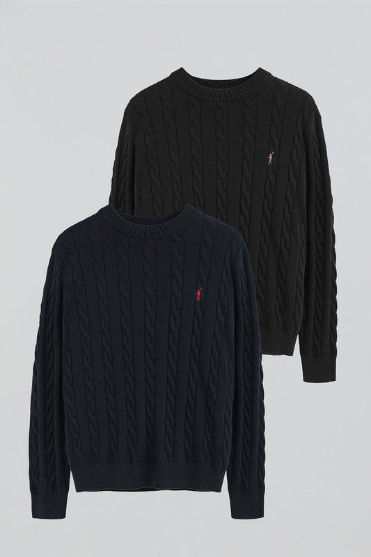 Men’s cable-knit wool-blend 2-pack jumpers in navy and black with Rigby Go embroidery