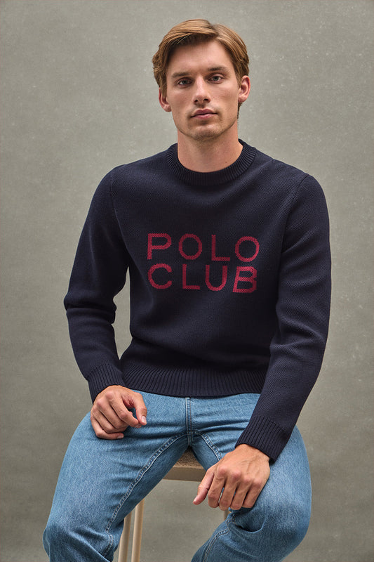 Navy-blue knit jumper with contrast Polo Club logo