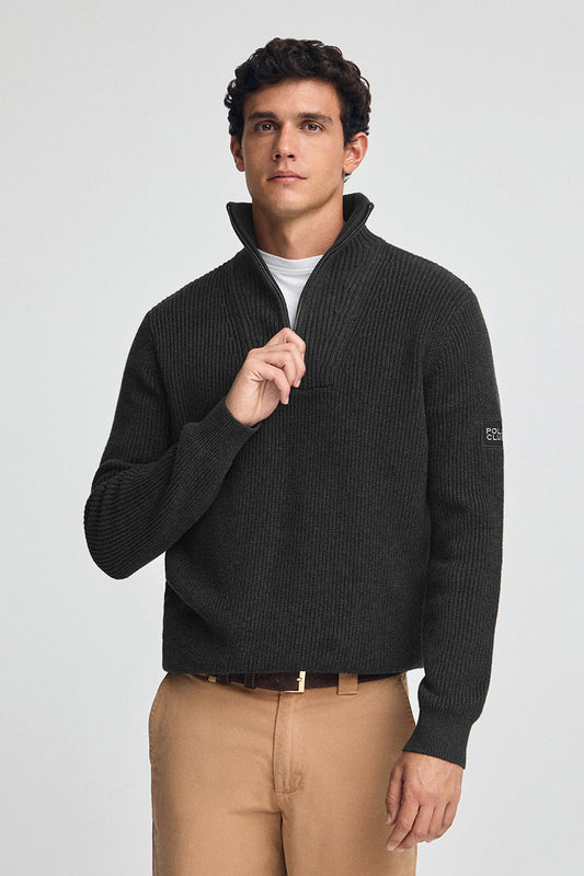 Black fisherman's-rib jumper with Polo Club patch