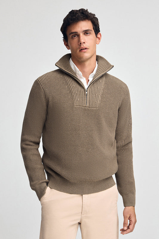 Dark-brown-marl fisherman's-rib jumper with Polo Club patch