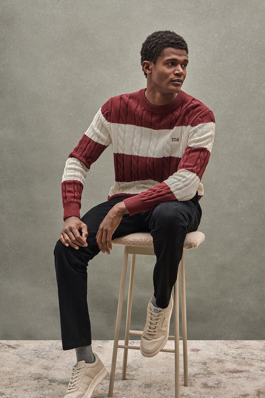 Striped cable-knit wool-blend jumper in maroon and nude with Polo Club patch