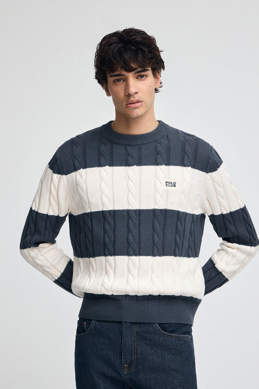 Striped cable-knit wool-blend jumper in denim blue and nude with Polo Club patch