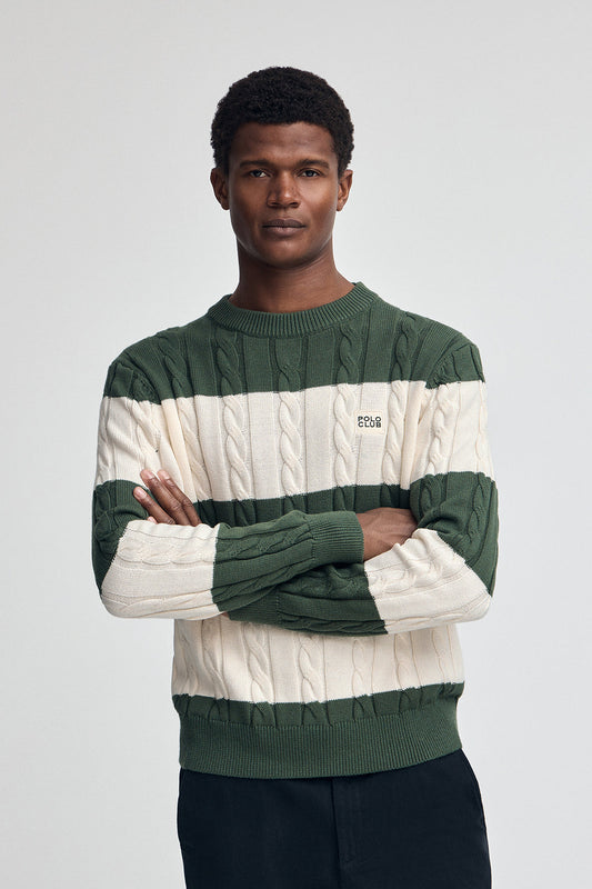 Striped cable-knit wool-blend jumper in mud green and nude with Polo Club patch