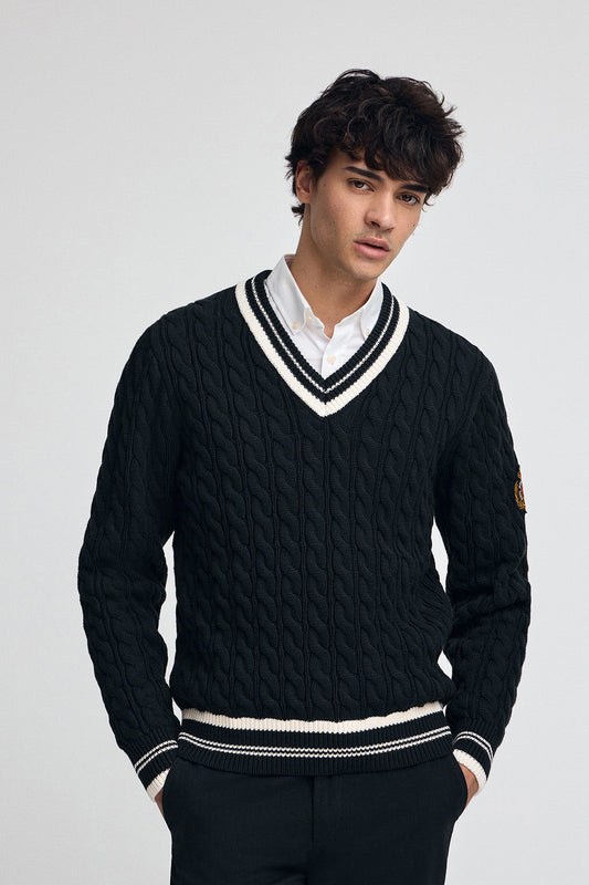 Navy-blue V-neck jumper with Polo Club nautical patch