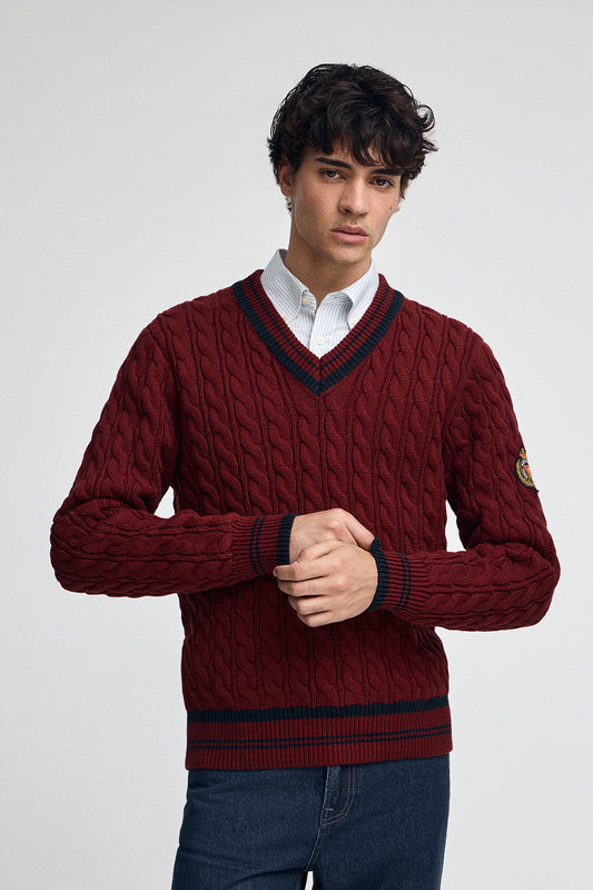 Maroon V-neck jumper with Polo Club nautical patch