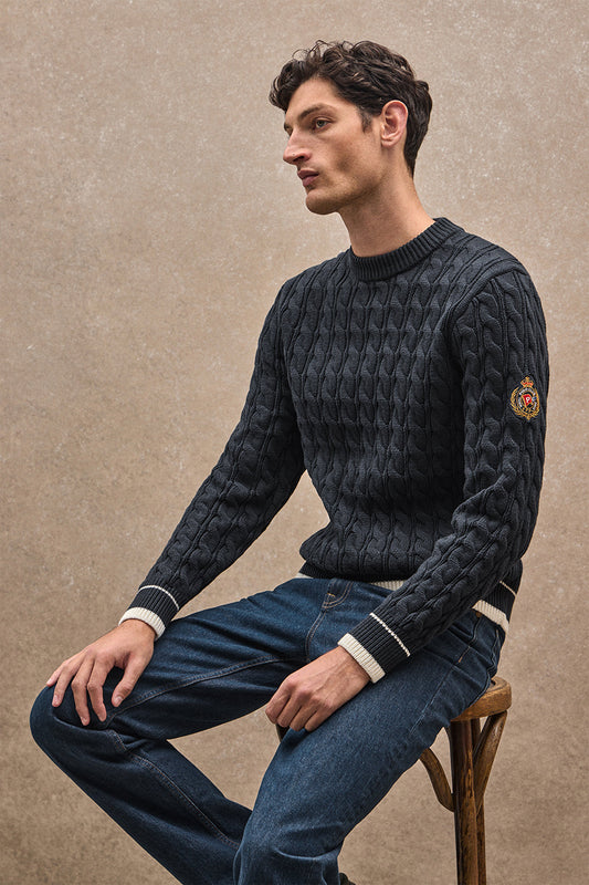 Navy-blue round-neck jumper with Polo Club nautical patch