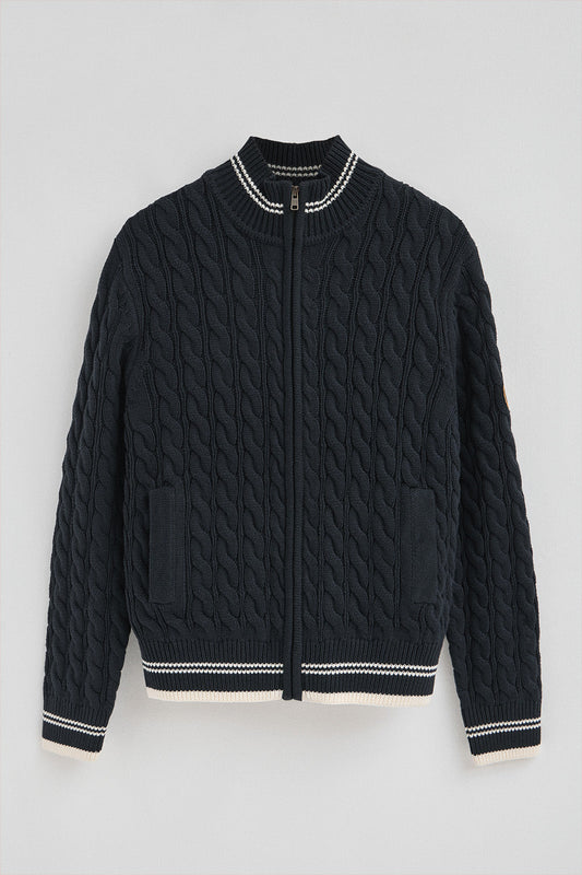 Navy-blue cardigan with full zip and Polo Club nautical patch