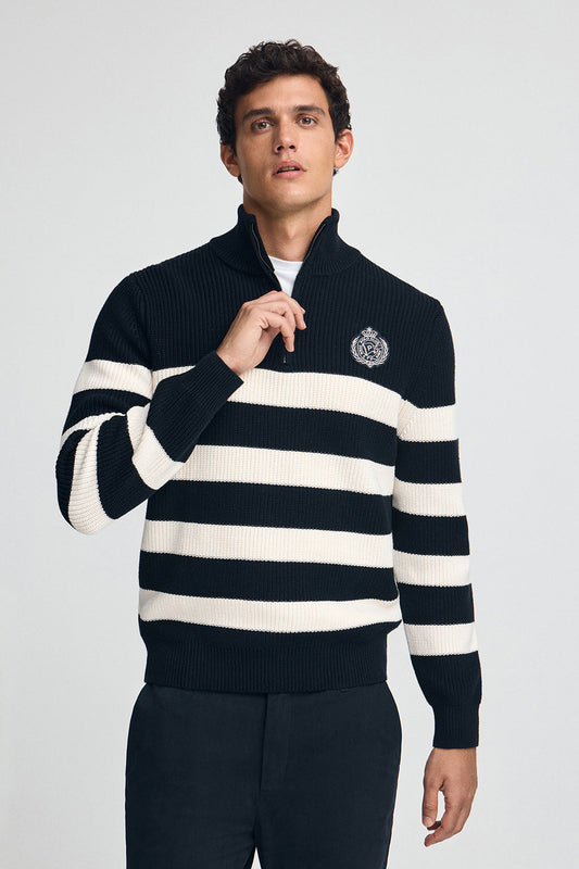 Striped jumper in navy blue and nude with Polo Club nautical patch